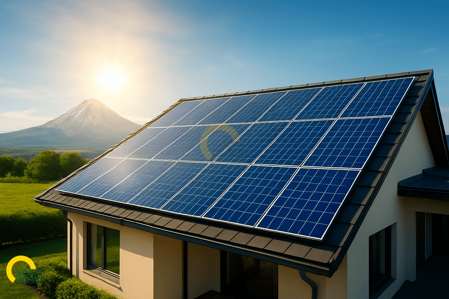 Solar panels in desert landscape