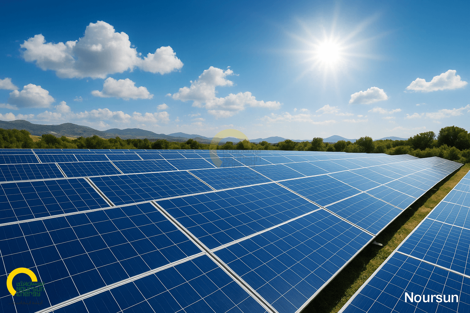 Solar panels in desert landscape