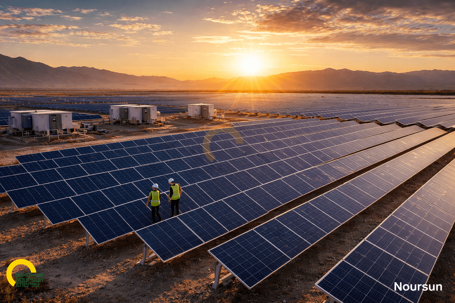 Solar panels in desert landscape