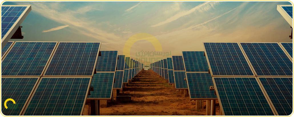 Solar panels in desert landscape