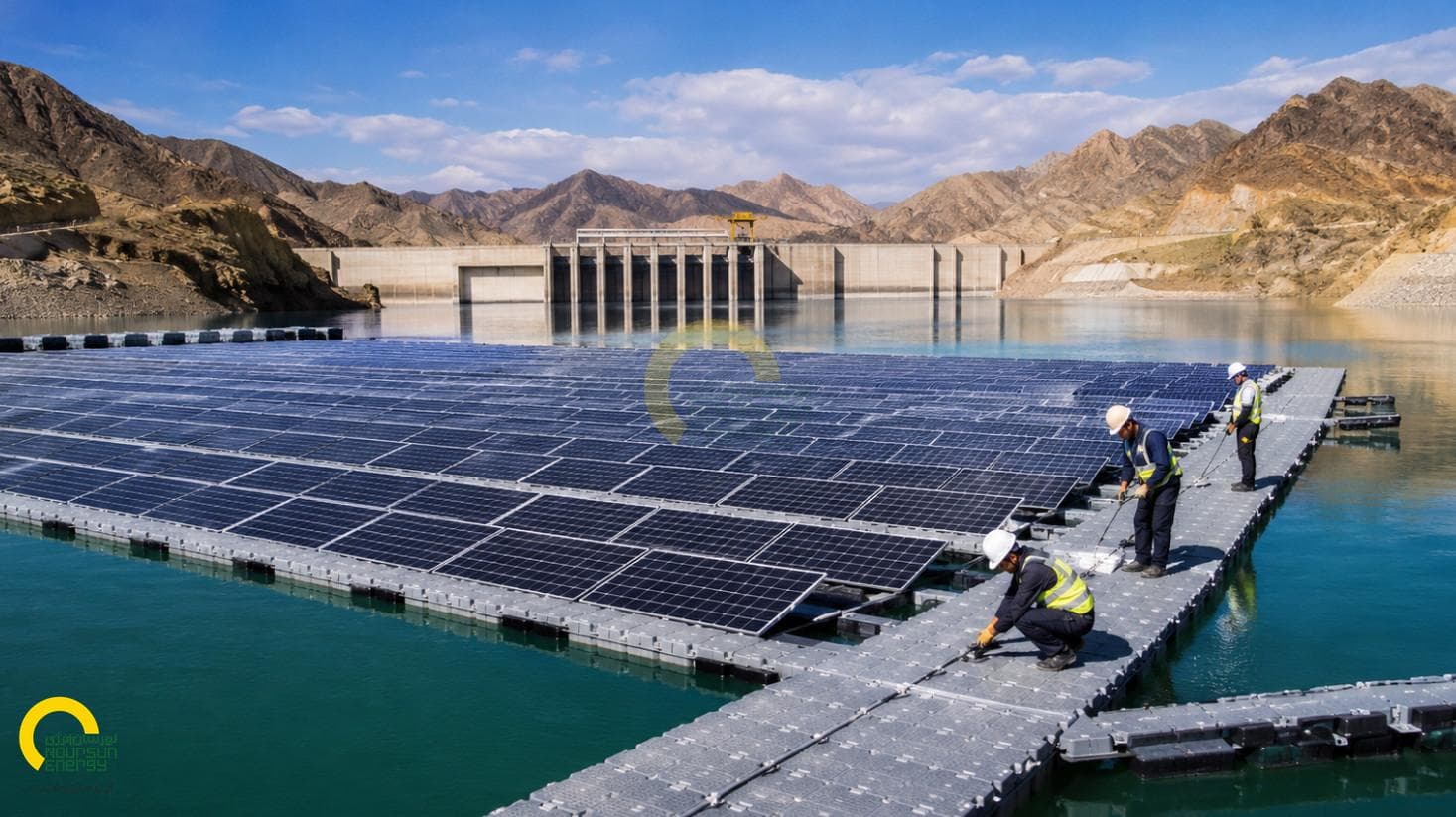 Solar panels in desert landscape