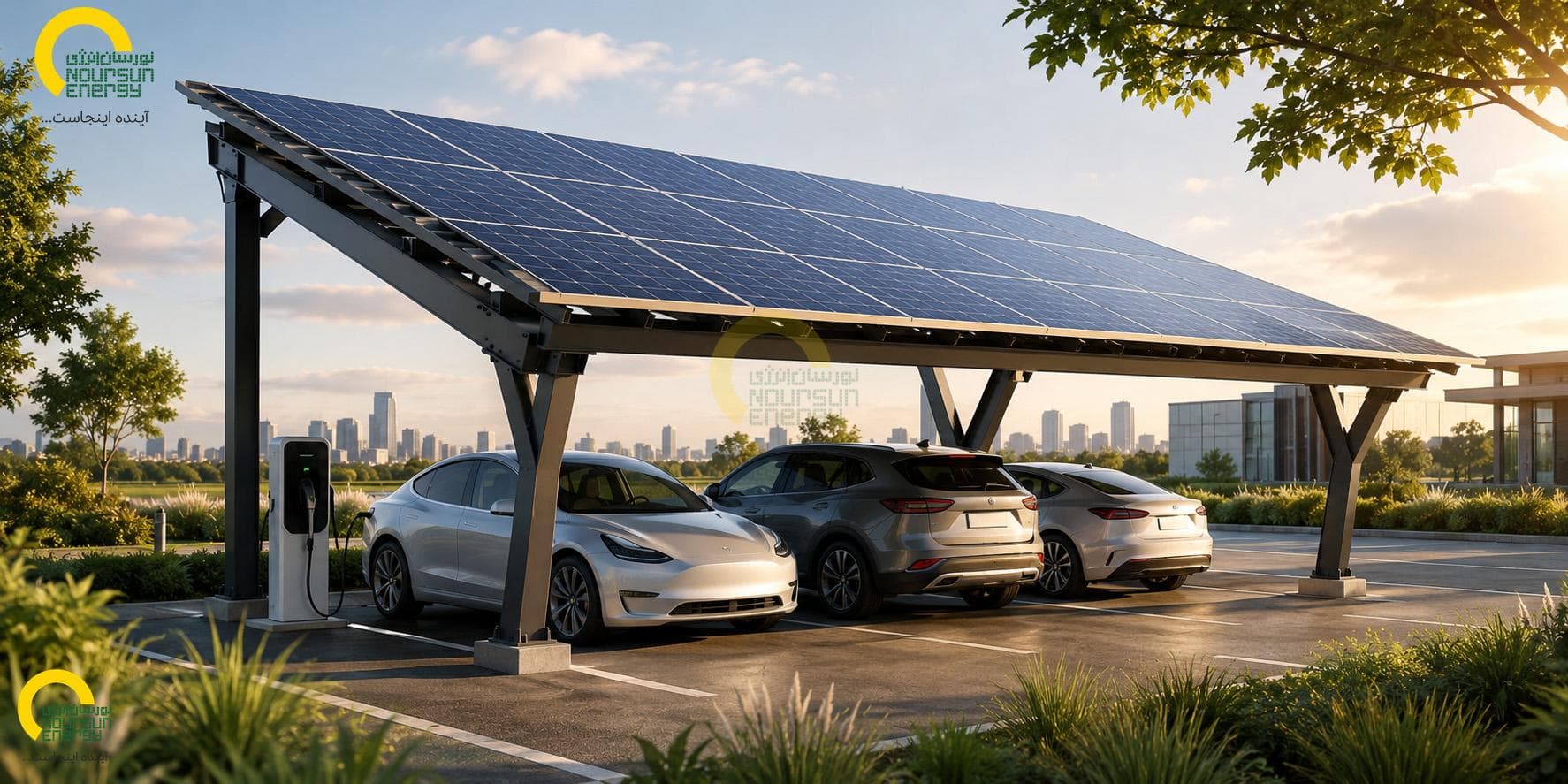 Solar panels in desert landscape