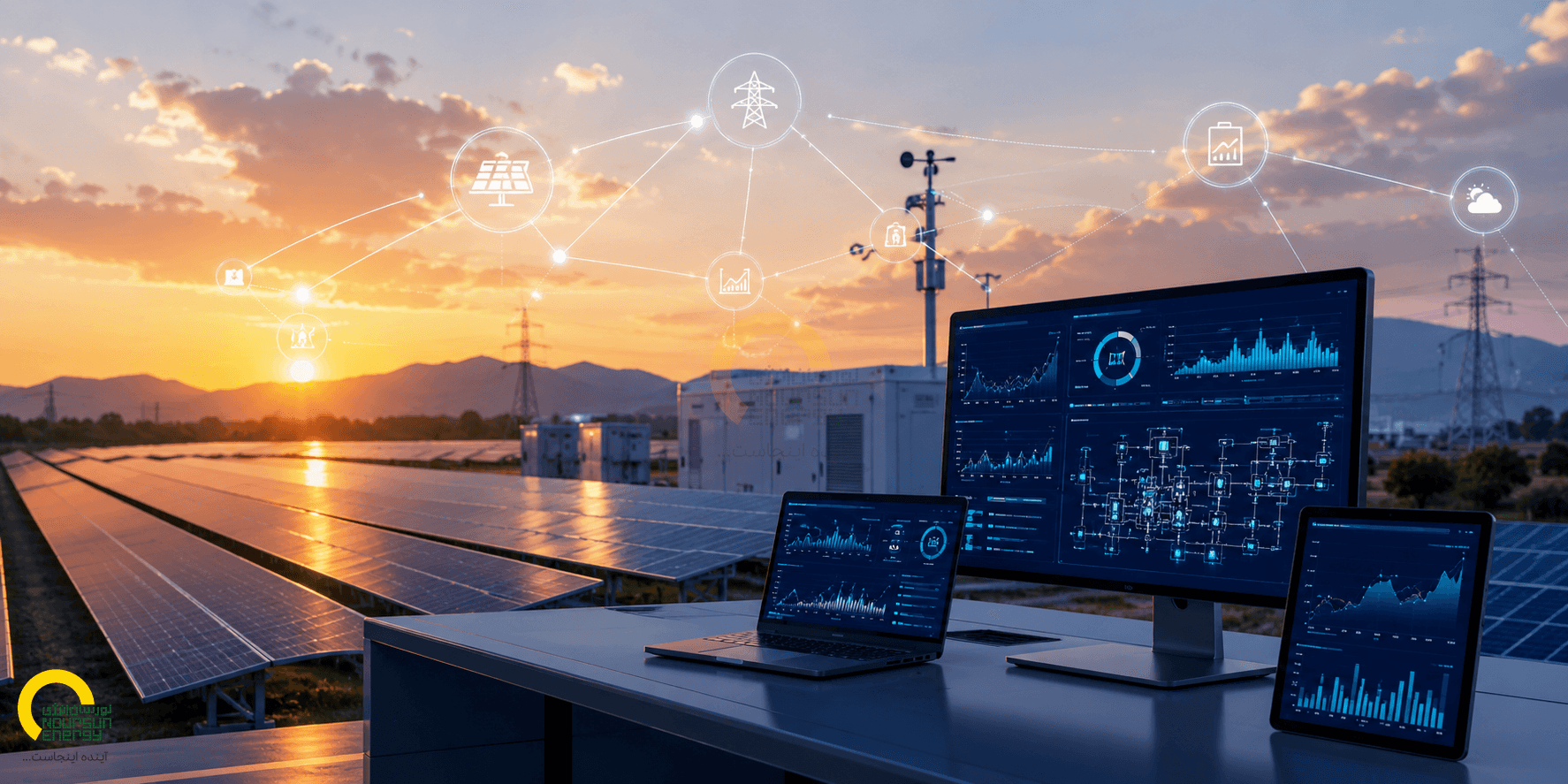 Solar panels in desert landscape