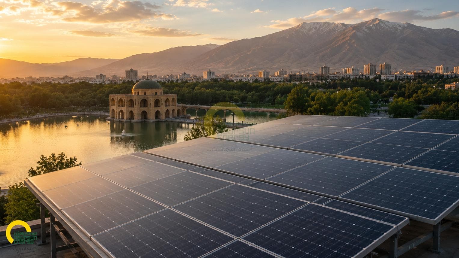 Solar panels in desert landscape