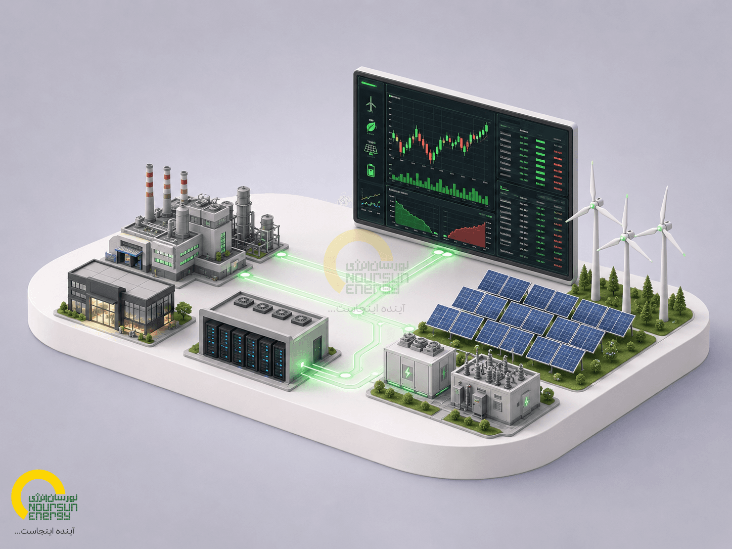 Solar panels in desert landscape