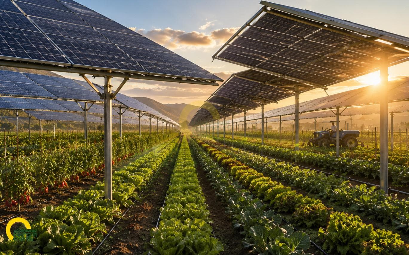 Solar panels in desert landscape