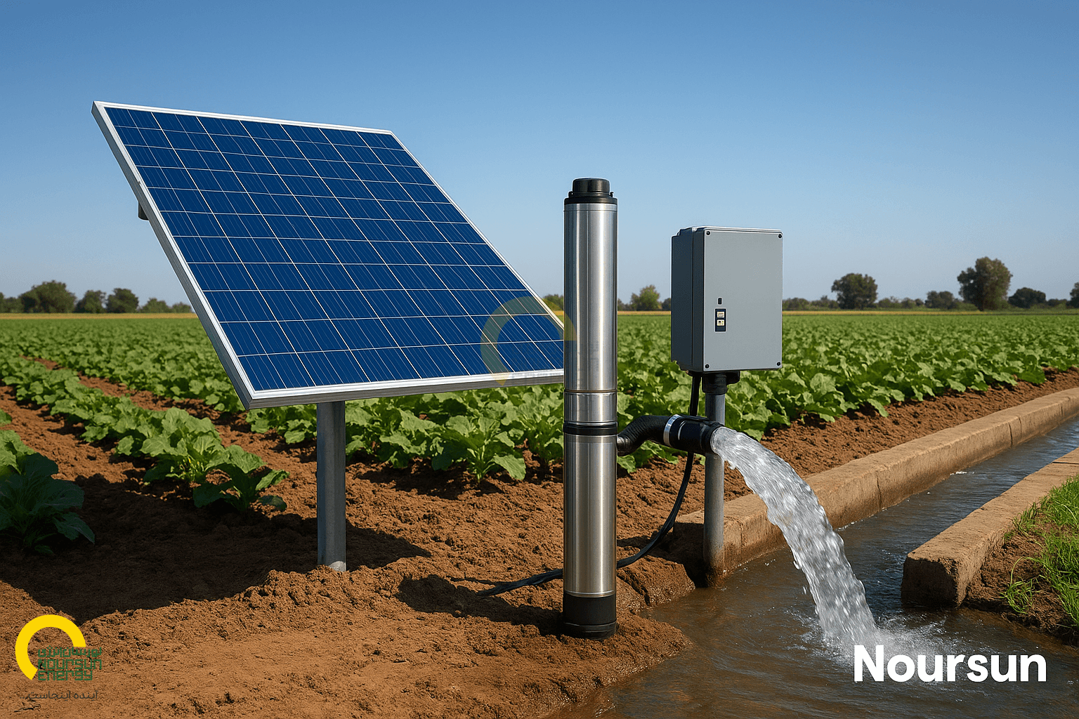 Solar panels in desert landscape
