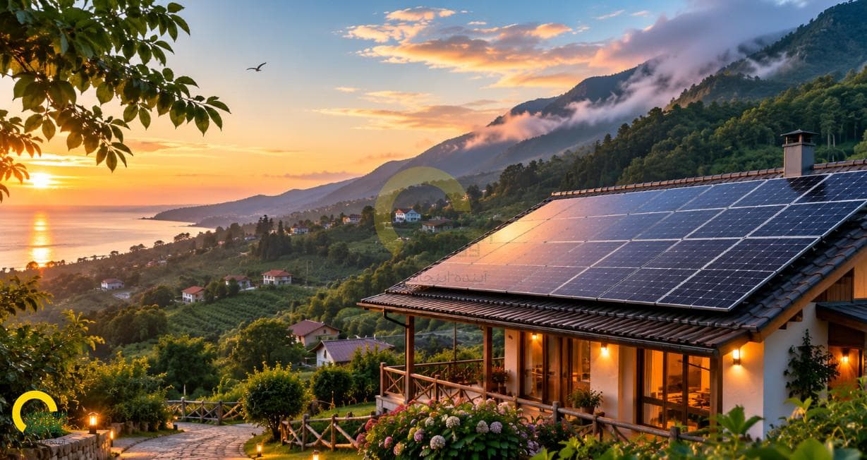 Solar panels in desert landscape