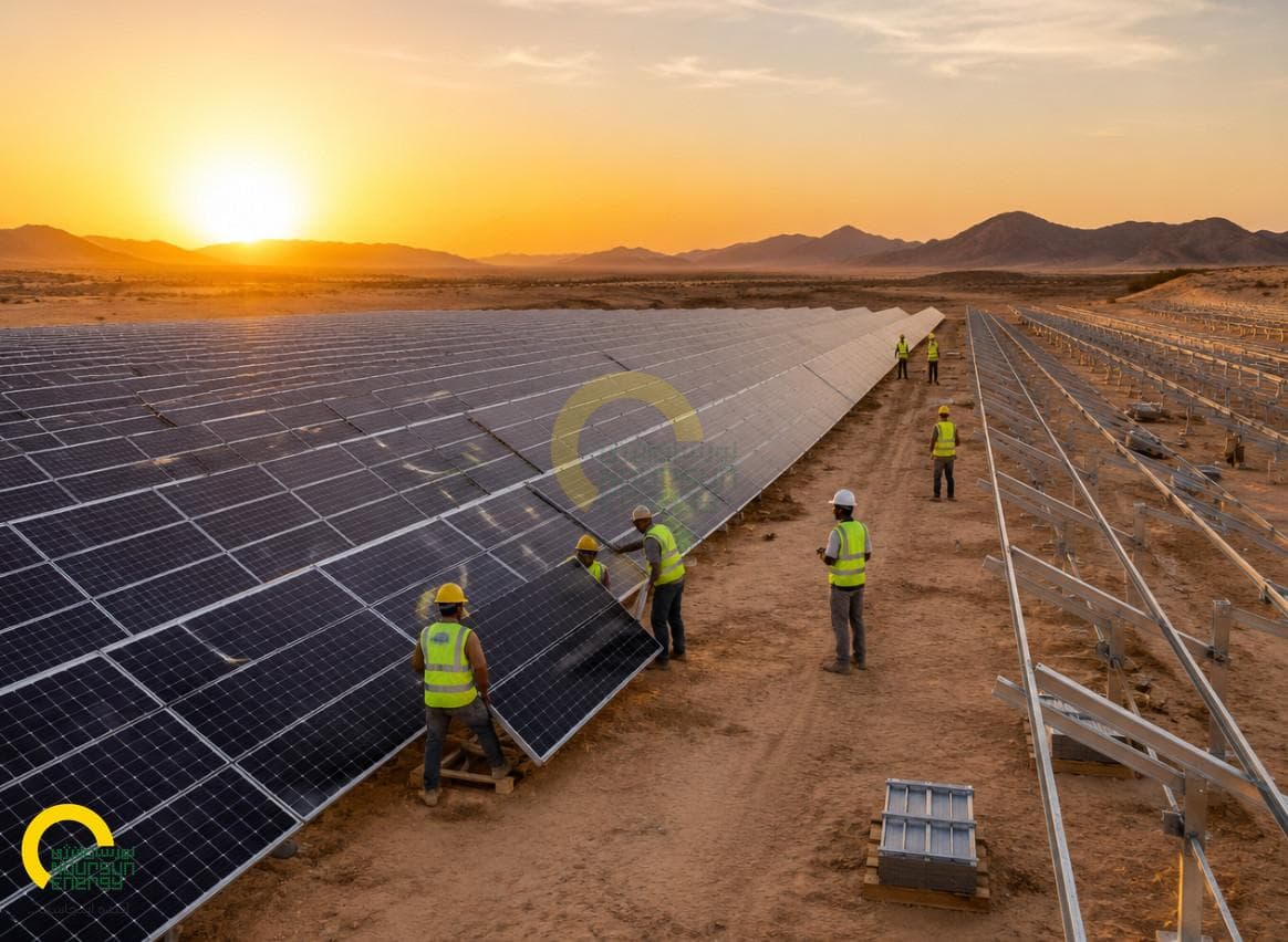 Solar panels in desert landscape